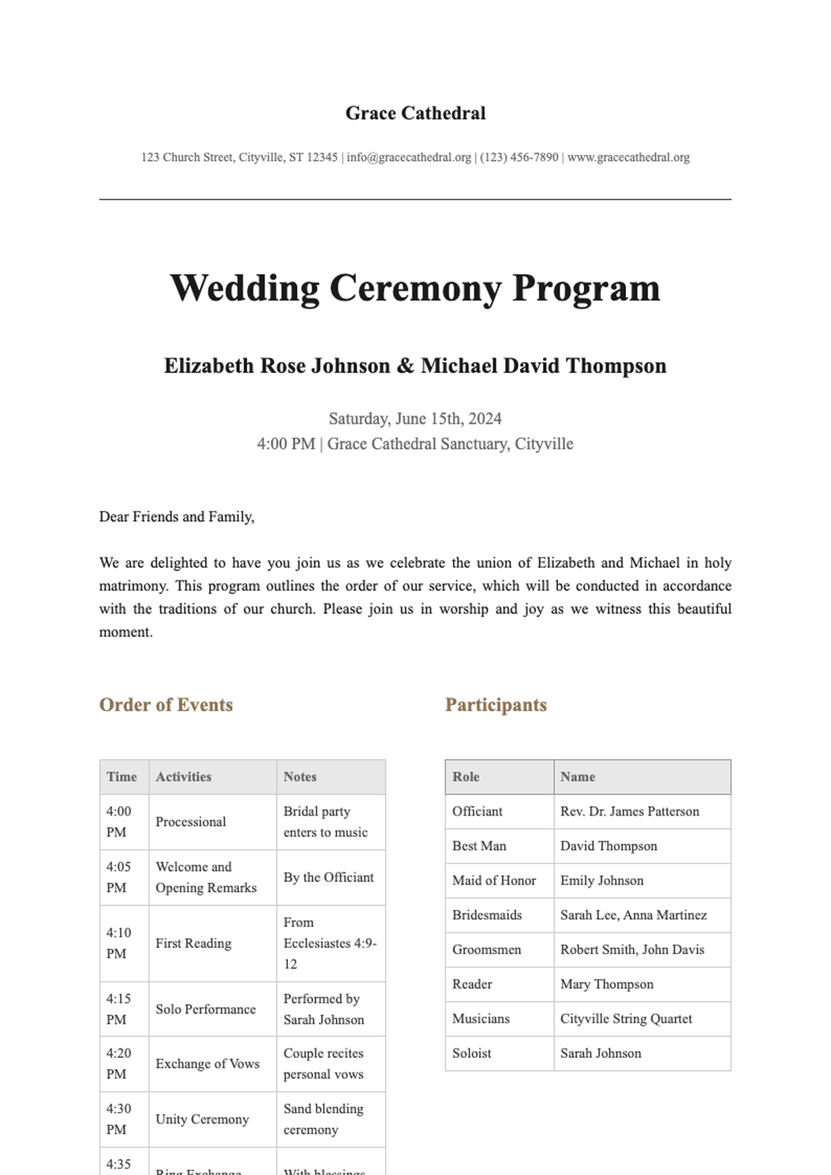 Printable church wedding ceremony program template with order of events table_variant_3